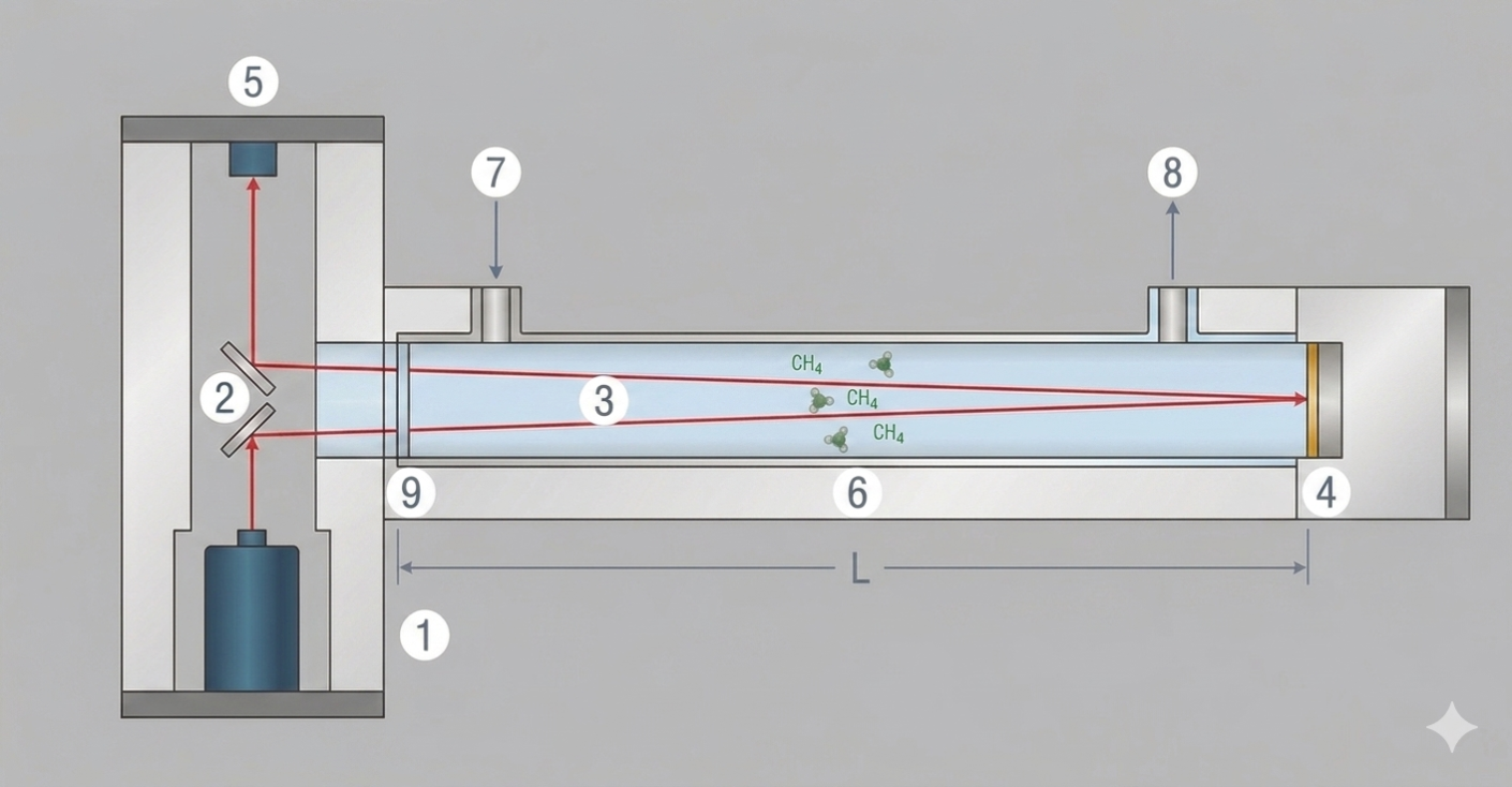 Wi.Tec-Sensorik SPECTRO.sens (Intro) 6 Optical beam path of SPECTRO.sens with laser diode, deflection mirrors, analysis cell and radiation detector
